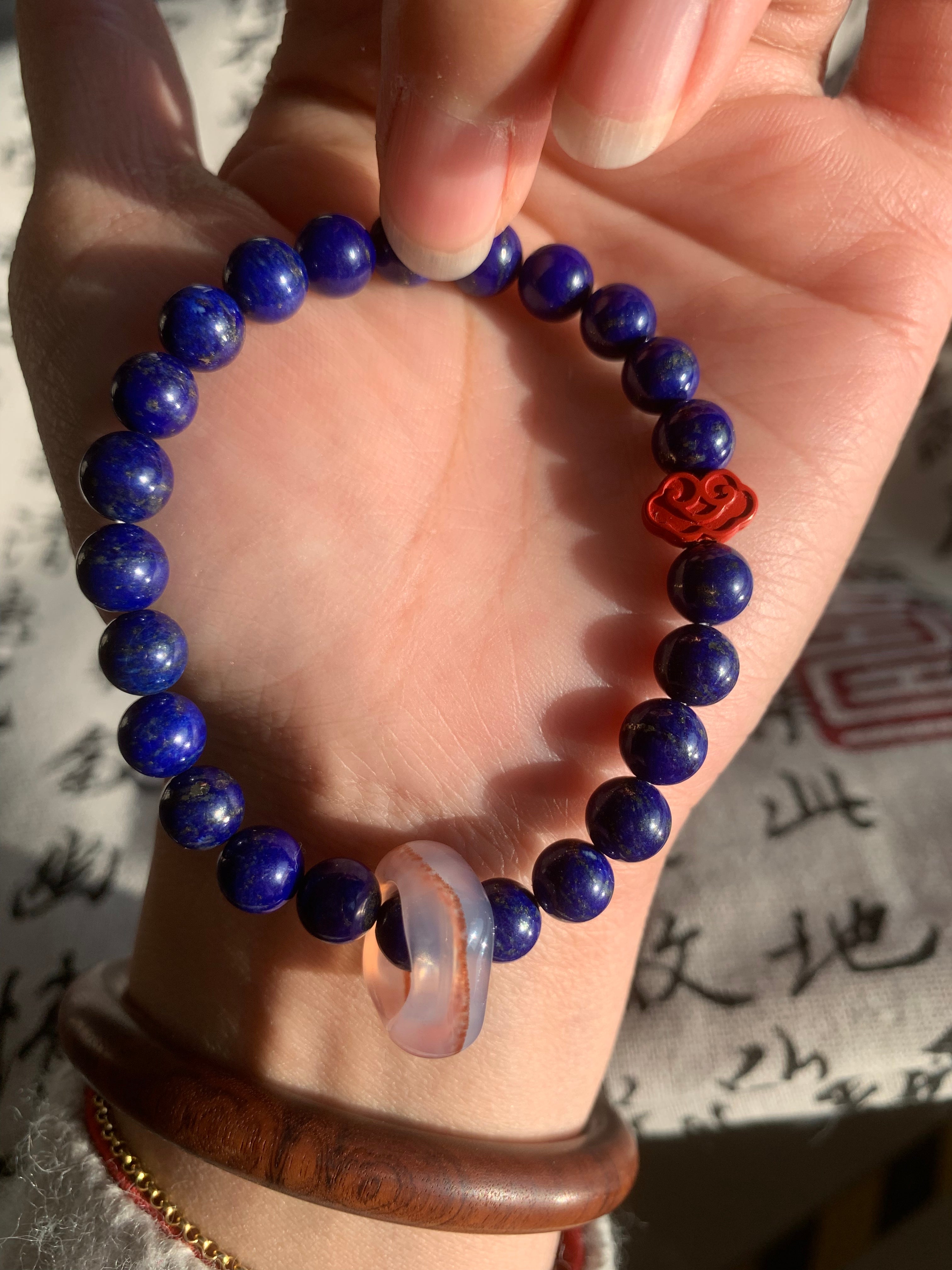Blue lapis lazuli, cinnabar and south red running ring bracelet