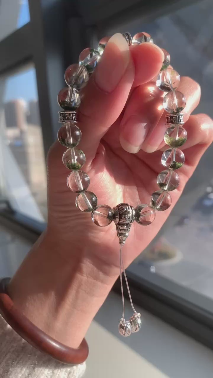 Green phantom round bead bracelet with Tibetan silver accessories