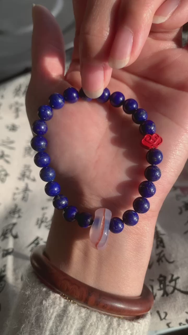 Blue lapis lazuli, cinnabar and south red running ring bracelet